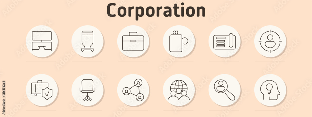 Corporation set icon. Desktop, water cooler, briefcase, coffee cup, document, target, secure suitcase, chandelier, network, global team, magnifier, idea Corporation set icon. Desktop, water cooler, briefcase, coffee cup, document, target, secure suitcase, chandelier, network, global team, magnifier, idea