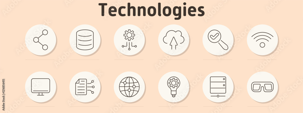 Technologies set icon. Network, server, gear, cloud upload, checkmark magnifier, wireless signal, computer, documents, globe, idea bulb, database, AR glasses Technologies set icon. Network, server, gear, cloud upload, checkmark magnifier, wireless signal, computer, documents, globe, idea bulb, database, AR glasses