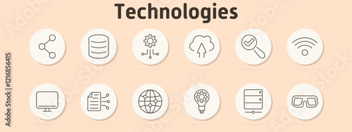 Technologies set icon. Network, server, gear, cloud upload, checkmark magnifier, wireless signal, computer, documents, globe, idea bulb, database, AR glasses