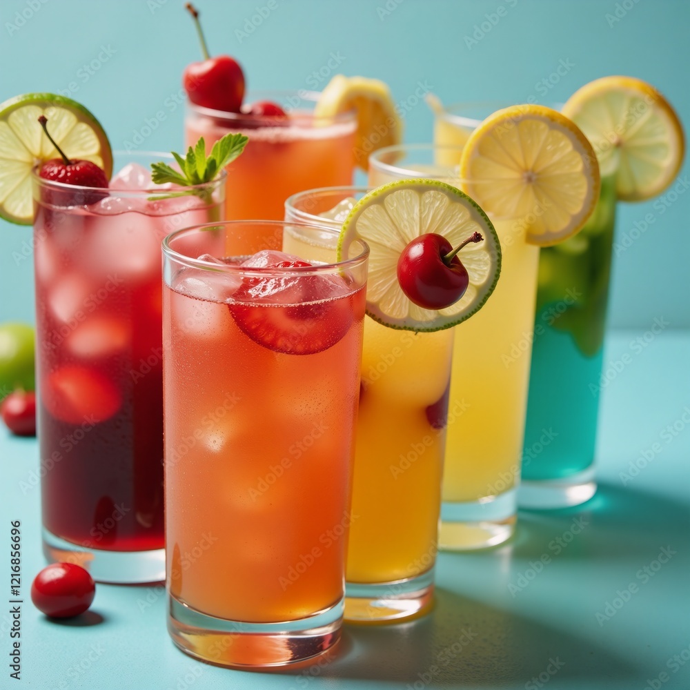 Fototapeta premium Colorful summer cocktail arrangements showcasing fruits as garnishes Space for Copy