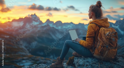 Woman with Laptop and Coffee Cup on Cliff Overlooking Majestic Mountain Landscape at Sunrise