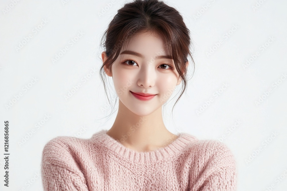 Close up portrait of confident korean girl, student looking at camera with pleased smile, arms crossed on chest, standing over white background, Generative AI Close up portrait of confident korean girl, student looking at camera with pleased smile, arms crossed on chest, standing over white background, Generative AI