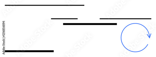 Blue circular arrow interacting with horizontal black lines of varying lengths. Ideal for process cycles, workflow, iteration, time management, automation, feedback, abstract line flat metaphor