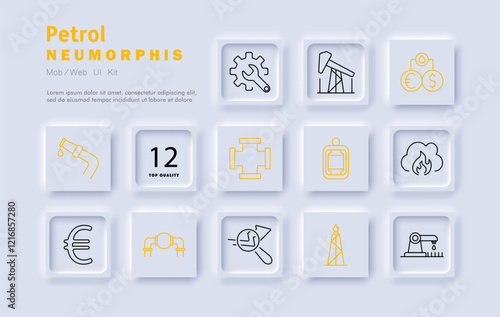 Petrol industry set icon. Oil extraction, refinery processes, fuel management, gas station, fire prevention, economy, transportation, distribution, safety compliance