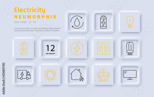 Electricity set icon. Power consumption, home automation, renewable energy, technology integration, electric grid, innovation, battery storage, safety standards