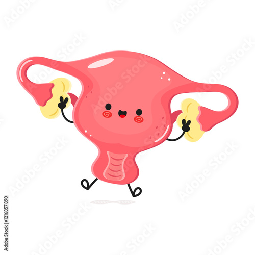 Cute cartoon uterus character exercising with weights in a vibrant illustration of health and wellness