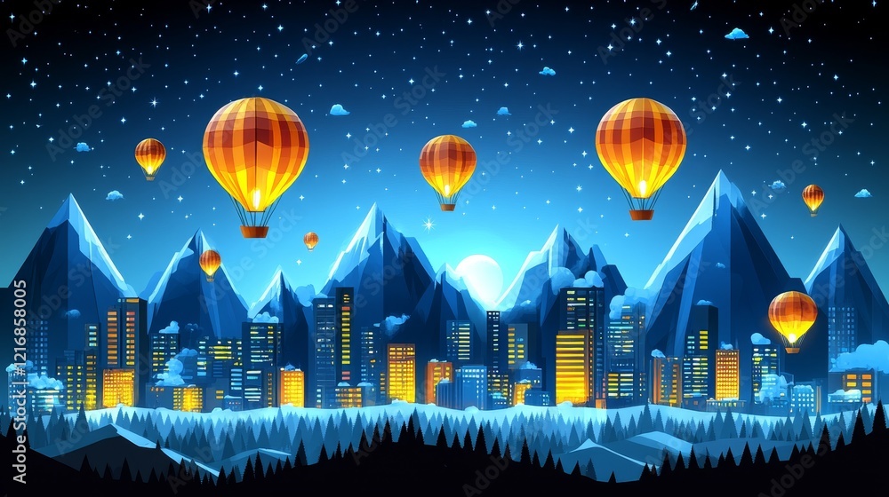 Naklejka premium Night Sky Spectacle Hot Air Balloons Soaring Over a Snowy Mountain Town