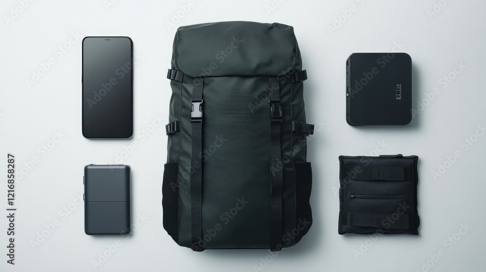A minimalist arrangement featuring a backpack, smartphone, and tech accessories. A minimalist arrangement featuring a backpack, smartphone, and tech accessories.