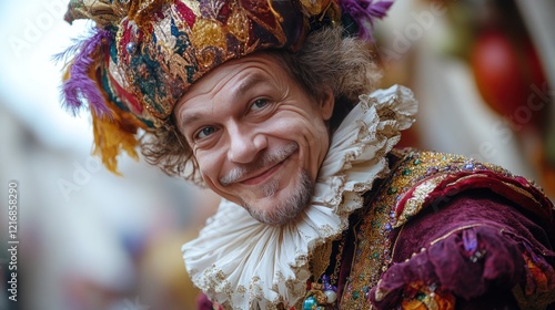 Renaissance man smiling, festival, street, costume, Italy