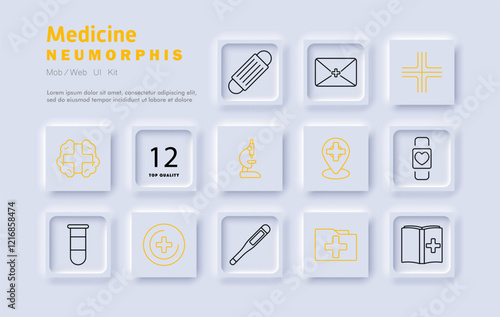 Medicine set icon. Bandage, prescription, medical cross, brain health, microscope, laboratory test, medical location, smart healthcare, hospital record, vaccination