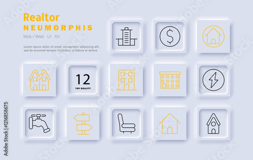 Realtor set icon. House, apartment, property value, residential buildings, electricity, plumbing, location, investment, interior, commercial real estate