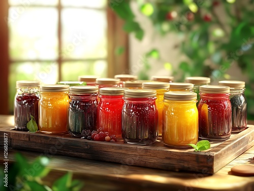 Vibrant jars of mixed fruit jams arranged on a wooden tray with a cozy cafevibe photo