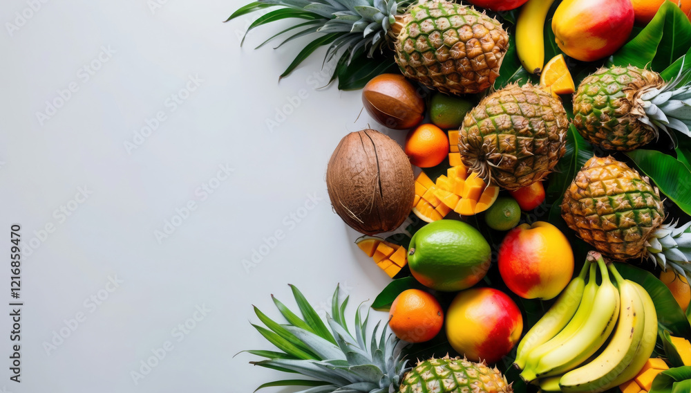 Fototapeta premium A fresh display of tropical fruits—pineapples, coconuts, mangoes, and bananas—surrounding a clean white background, bursting with color.