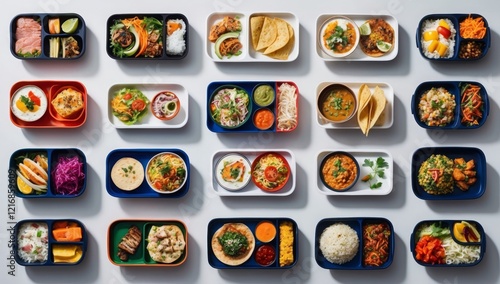 A variety of school lunches from around the world, each representing authentic regional flavors with a mix of both traditional and contemporary options.