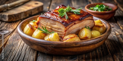 A close-up shot of a roasted pork belly with caramelized skin and a side of boiled potatoes in a rustic wooden bowl , entenbrust, potatoes photo