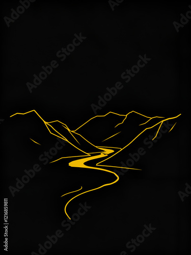 Low poly black on black landscape, outlined in golden yellow, between the mountains is a golden line representing a river photo