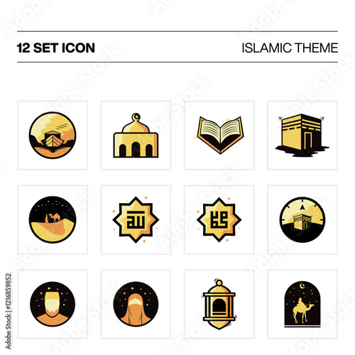 Set of icons. Islamic icons for Ramadan template. Set Islamic icons isolated on a white background. Gold Islamic Icon. Islamic Stream