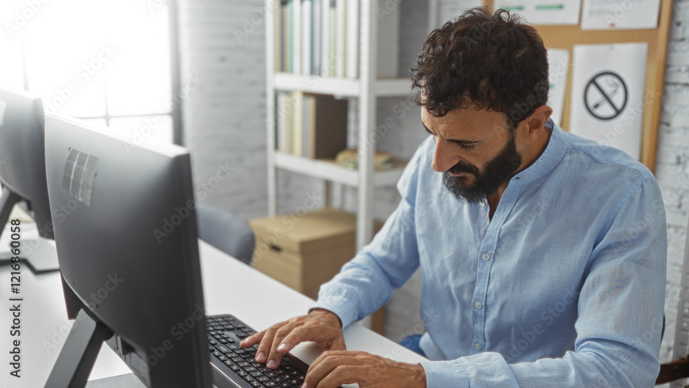 Young hispanic man working on computer in an office, focused on his task with bookshelves in the background. Young hispanic man working on computer in an office, focused on his task with bookshelves in the background.