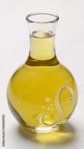 A bold design showcases an olive oil bottle with artistic glass and a unique yellow vegan ingredient photo