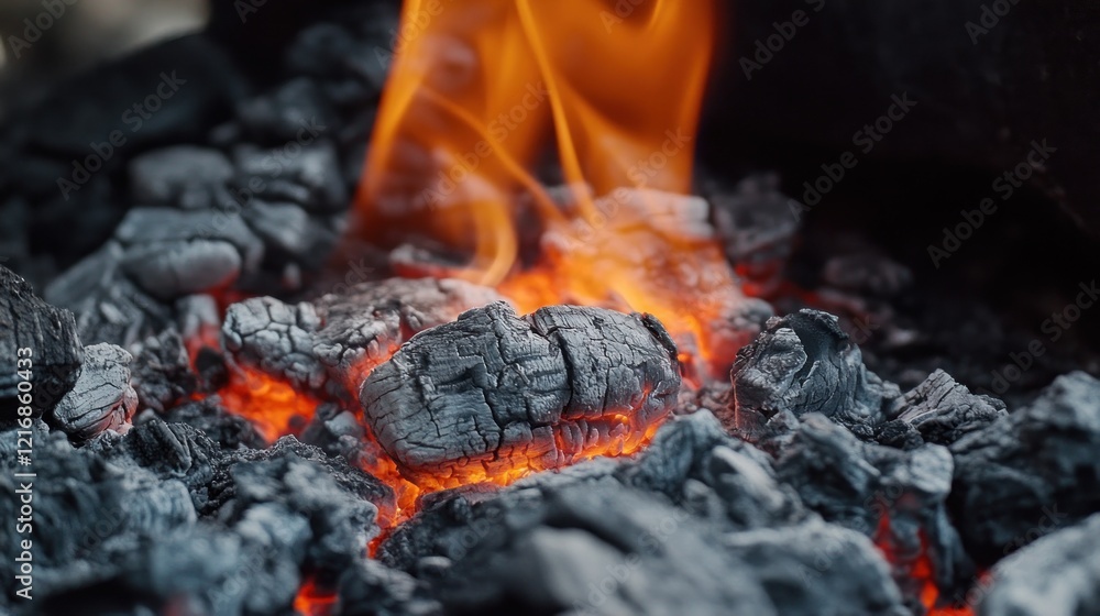 Close-up of glowing charcoal with flames, indicating heat and cooking potential. Close-up of glowing charcoal with flames, indicating heat and cooking potential.