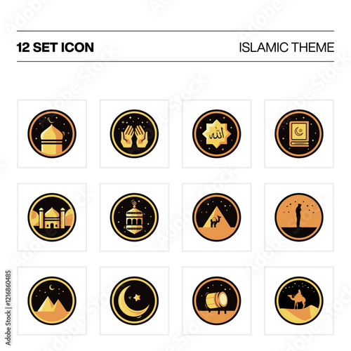 Set of icons. Islamic icons for Ramadan template. Set Islamic icons isolated on a white background. Gold Islamic Icon. Islamic Stream