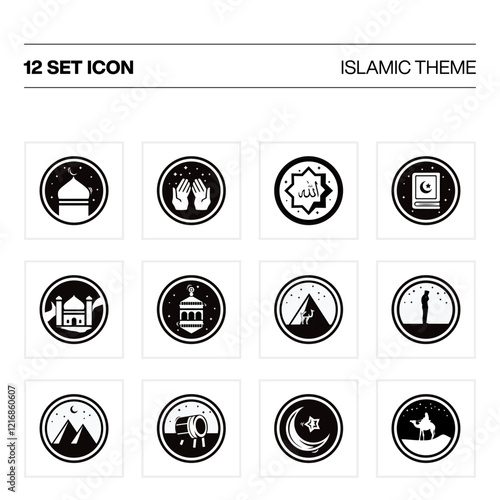 Islamic icons for Ramadan template. Set Islamic icons isolated on a white background. Black and White Minimalist icon set