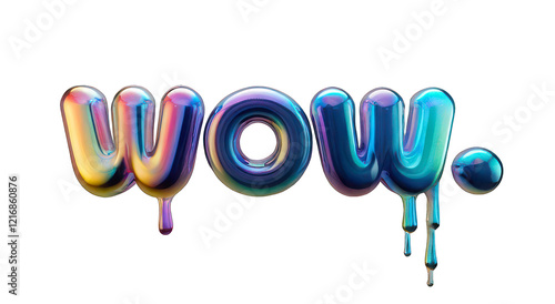 3D holographic Y2K element, isolated background. Liquid chrome metal, WOW word, surrounded by a spray of paint, dynamic appearance, bright colors.