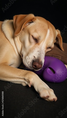 Relaxed dog naps contentedly with favored toy nearby for comfort photo