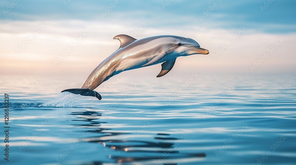 Fototapeta premium Dolphin leaping from ocean at sunset.