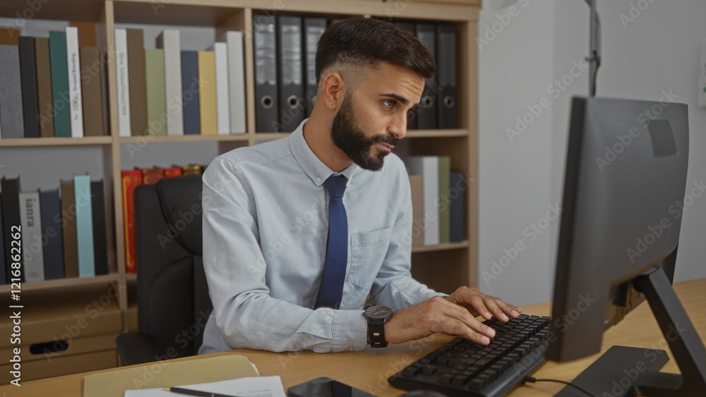 Young hispanic man with beard working on computer in an office setting with shelves in the background. Young hispanic man with beard working on computer in an office setting with shelves in the background.