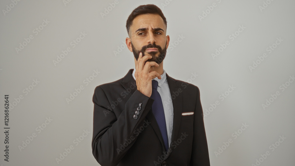 Handsome hispanic man with beard in suit thinking while standing isolated over white background Handsome hispanic man with beard in suit thinking while standing isolated over white background
