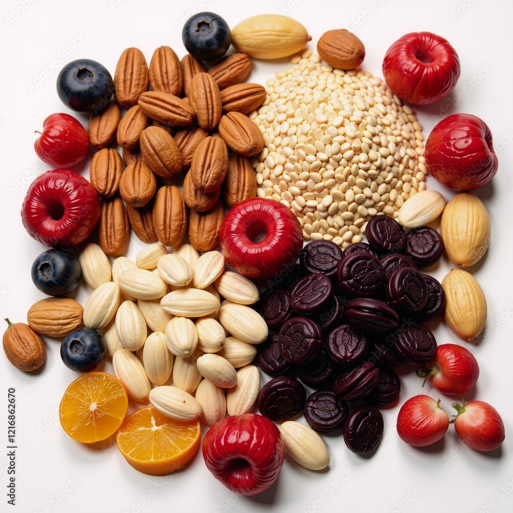 Assortment of plant-based snacks nuts seeds fruits berries vegan Assortment of plant-based snacks nuts seeds fruits berries vegan