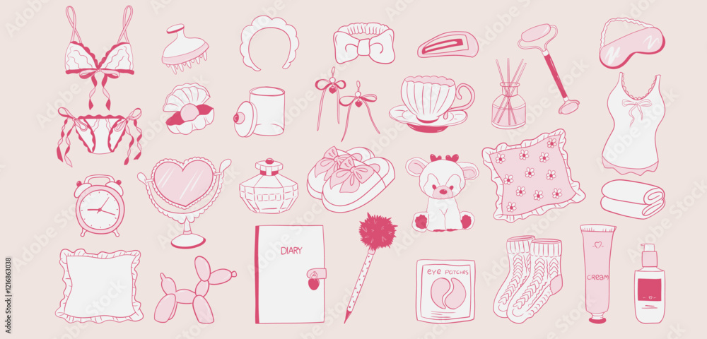Coquette-inspired beauty and comfort essentials set with hand-drawn illustrations of lingerie, accessories, skincare items, pajamas, and cute plush toys in soft pink tones perfect for cozy moments Coquette-inspired beauty and comfort essentials set with hand-drawn illustrations of lingerie, accessories, skincare items, pajamas, and cute plush toys in soft pink tones perfect for cozy moments