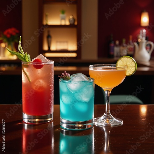 A lively scene featuring colorful mixed drinks at a bustling bar photo