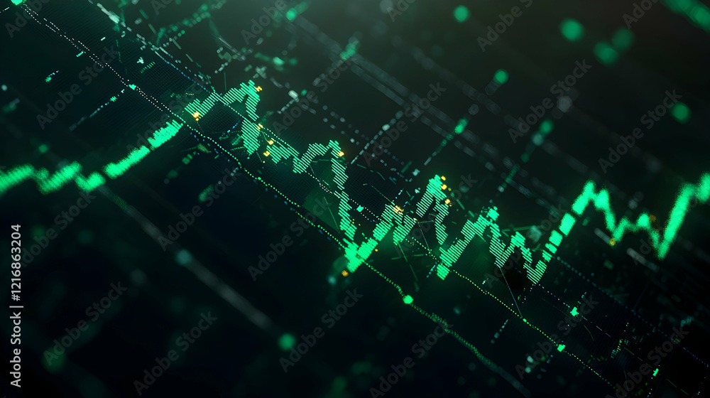 A realistic closeup of a financial candlestick chart showing a clear upward trend with glowing green accents on a dark background A realistic closeup of a financial candlestick chart showing a clear upward trend with glowing green accents on a dark background