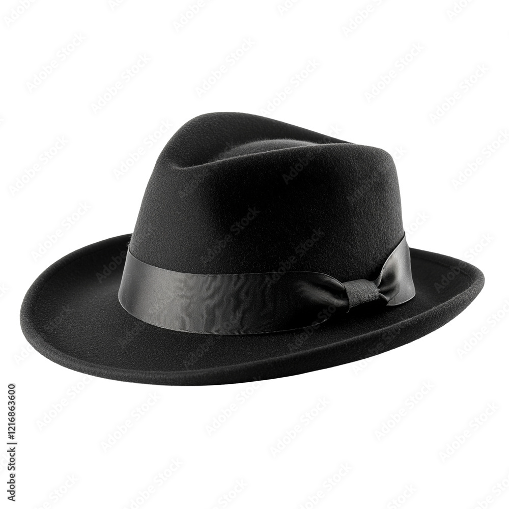 Classic black fedora hat with ribbon isolated on transparent white background Classic black fedora hat with ribbon isolated on transparent white background