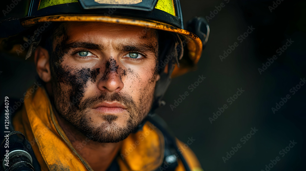 Closeup Portrait of a Soot-Covered Firefighter Closeup Portrait of a Soot-Covered Firefighter