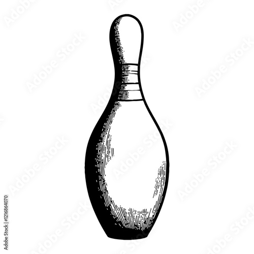 Isolated Bowling Pin Black and White Outline Line Art Drawing with Detail Hand Drawn Graphic