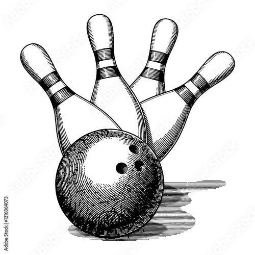 Bowling Ball with Pins in Detailed Black and White Outline Line Art Drawing Style