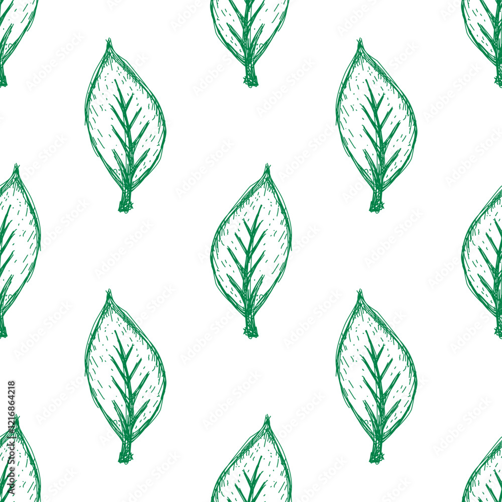 Obraz premium tea leaves pattern background. green leaves vector pattern background. Green tea leaf seamless pattern. seamless patterns with green leaves of tea.