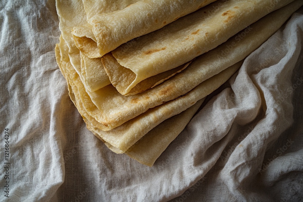 A flat lay of hand-rolled tortillas stacked neatly on a neutral-toned linen cloth. picture A flat lay of hand-rolled tortillas stacked neatly on a neutral-toned linen cloth. picture