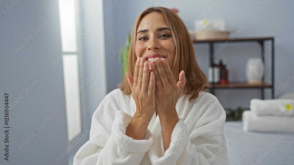 Hispanic woman sending a kiss to the camera in a spa wellness center with serene indoor setting