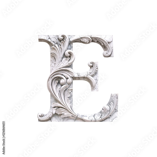 A marble-style letter E with intricate bas-relief floral and scroll patterns, evoking classical Greek or Roman elegance. Subtle cracks add an antique charm, enhancing its timeless artistry