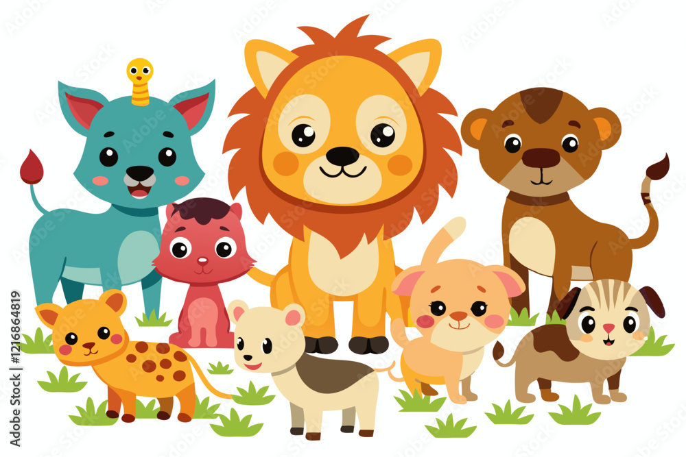 Fototapeta premium Cute animal set with farm and wild character. Cat and lion, elephant. Adorable Animal Character Illustration Set: Farm and Wild Animals for Kids.