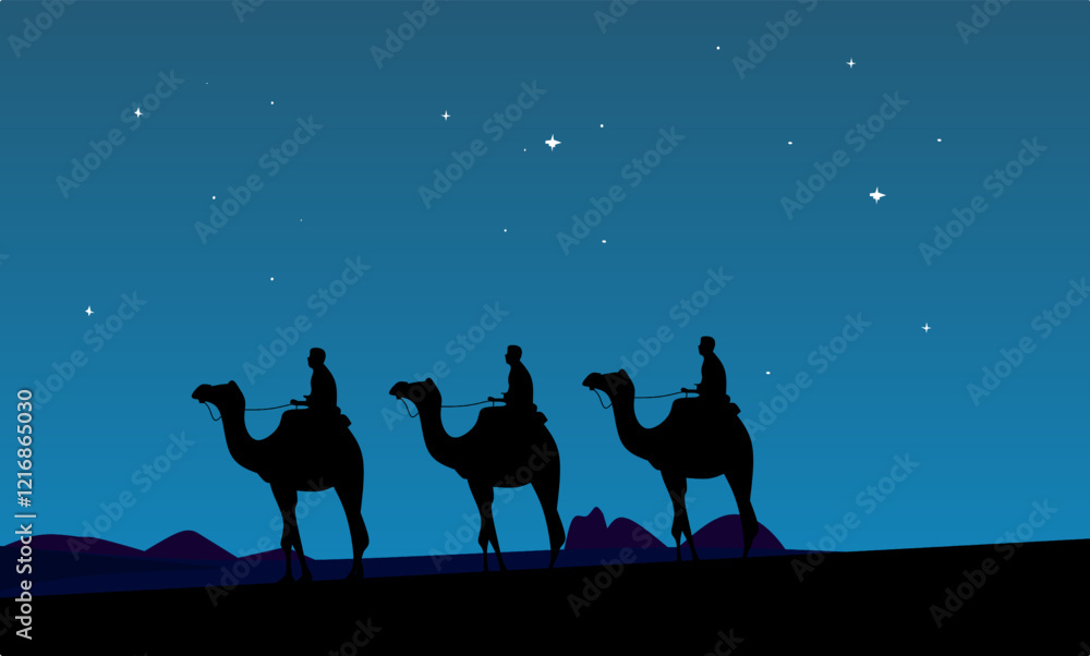 Silhouette of three camels with riders walking in the desert under a starry night sky. Perfect for travel, adventure, nomadic lifestyle, and cultural themes Silhouette of three camels with riders walking in the desert under a starry night sky. Perfect for travel, adventure, nomadic lifestyle, and cultural themes