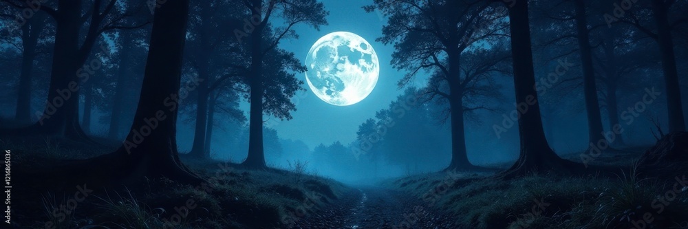 Desolate forest at dusk with a full moon casting long eerie shadows, foliage, forest Desolate forest at dusk with a full moon casting long eerie shadows, foliage, forest