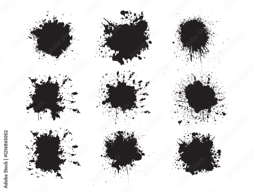 Black ink splatter isolated on white background Vector watercolor paint brush texture Ink splash and stain set Grunge spray drop spatter dirty blot splatters and splat Abstract splash blobs grangy 