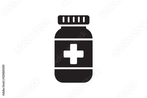 simple and subtle vector silhouette of medicine bottle in black and white, set against a white background. 