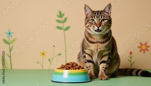 On World Vegan Day a contented cat sits next to a bowl of vegan cat food amidst lush plant motifs photo