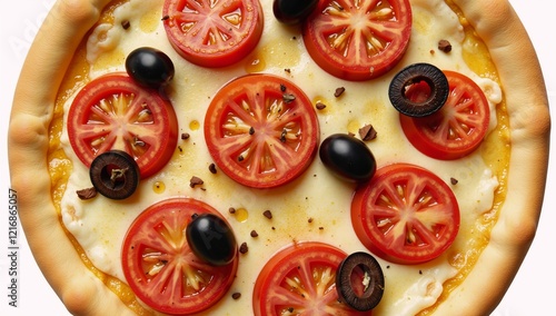 Top view illustration of an isolated vegan pizza adorned with tomatoes and olives against a background photo